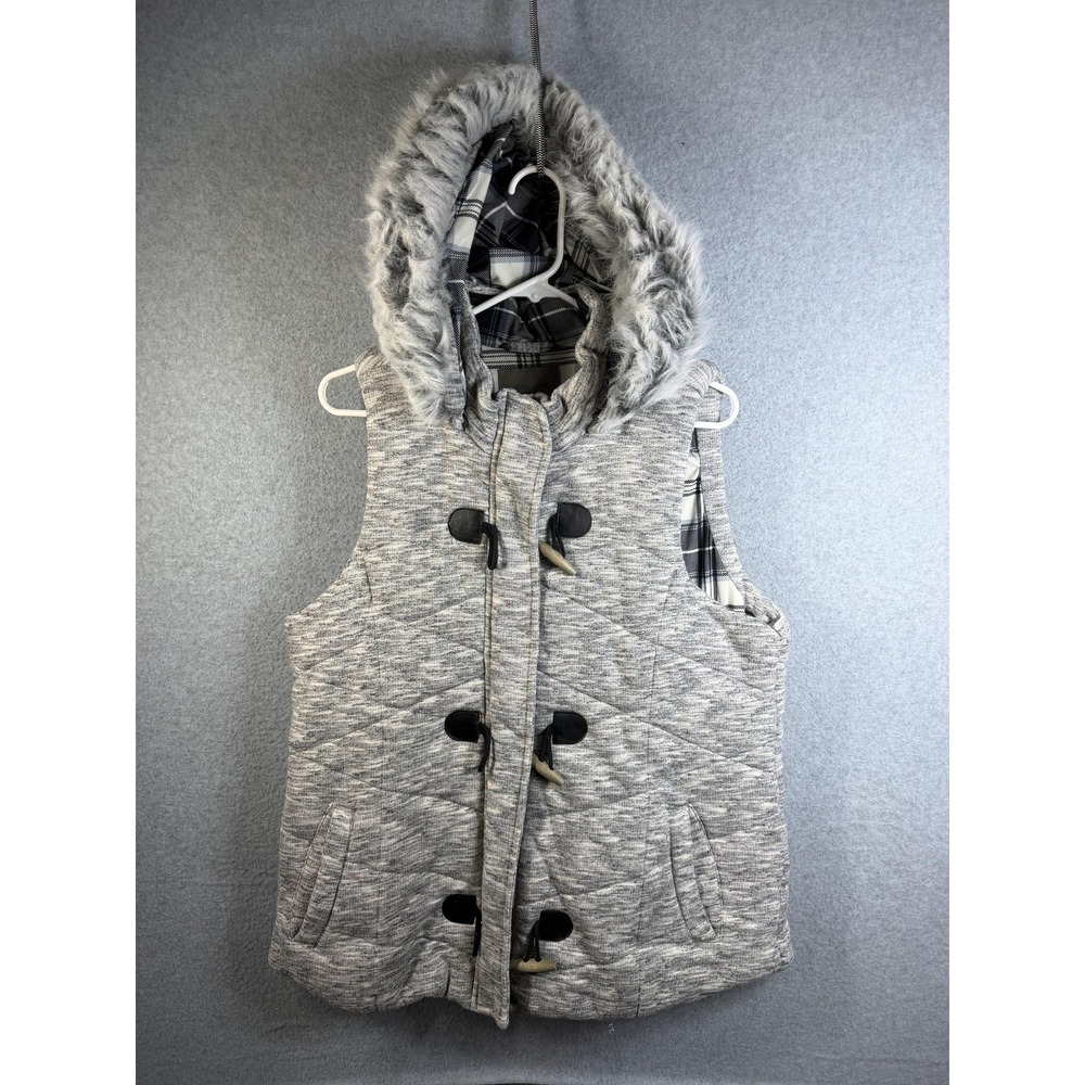 Maurices Vest Womens XL Gray Hooded Faux Fur Quilted Toggle Zip Pockets Lined